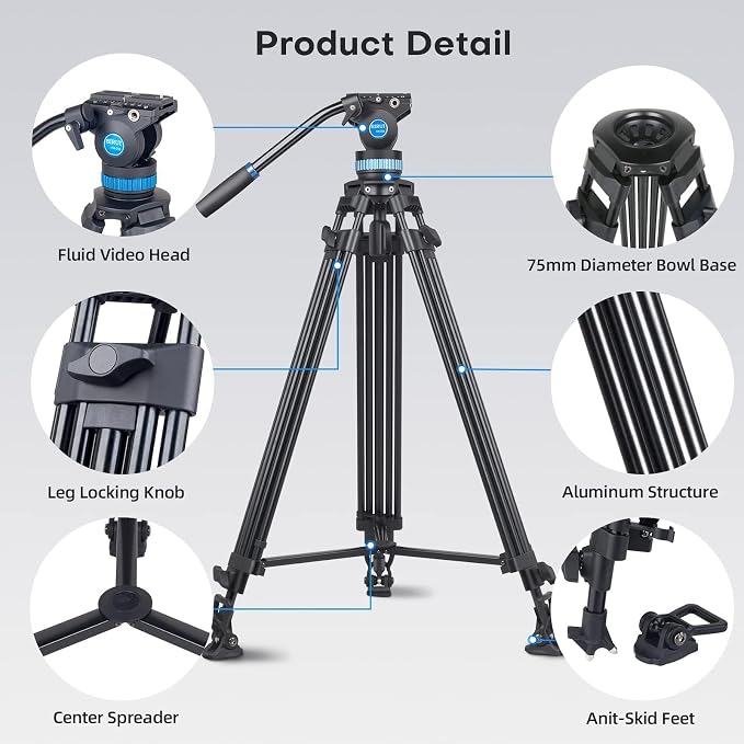 SIRUI AM-25S Video Tripod, 74.8" Professional Heavy Duty Tripod - Image 2