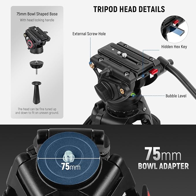 NEEWER 74" Video Tripod with Fluid Head & Damping Control, Aluminum Heavy Duty - Image 7