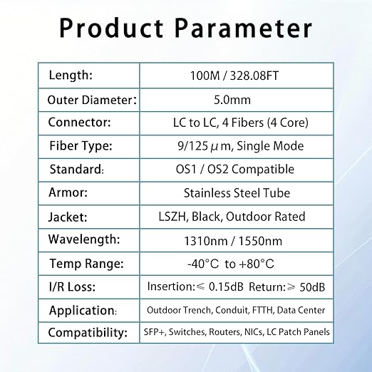 100M/328FT Outdoor Armored LC to LC Fiber Optic Cable, 4 Core OS2 Single Mode - Image 6