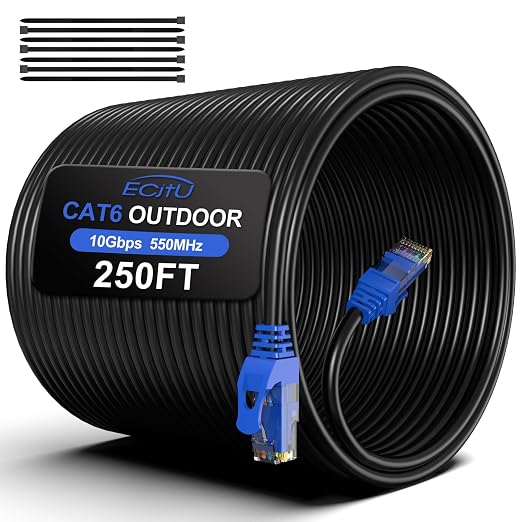 250FT Cat6 Outdoor Ethernet Cable, Heavy Duty Direct Burial, 24AWG CCA Patch by ECJTU-US