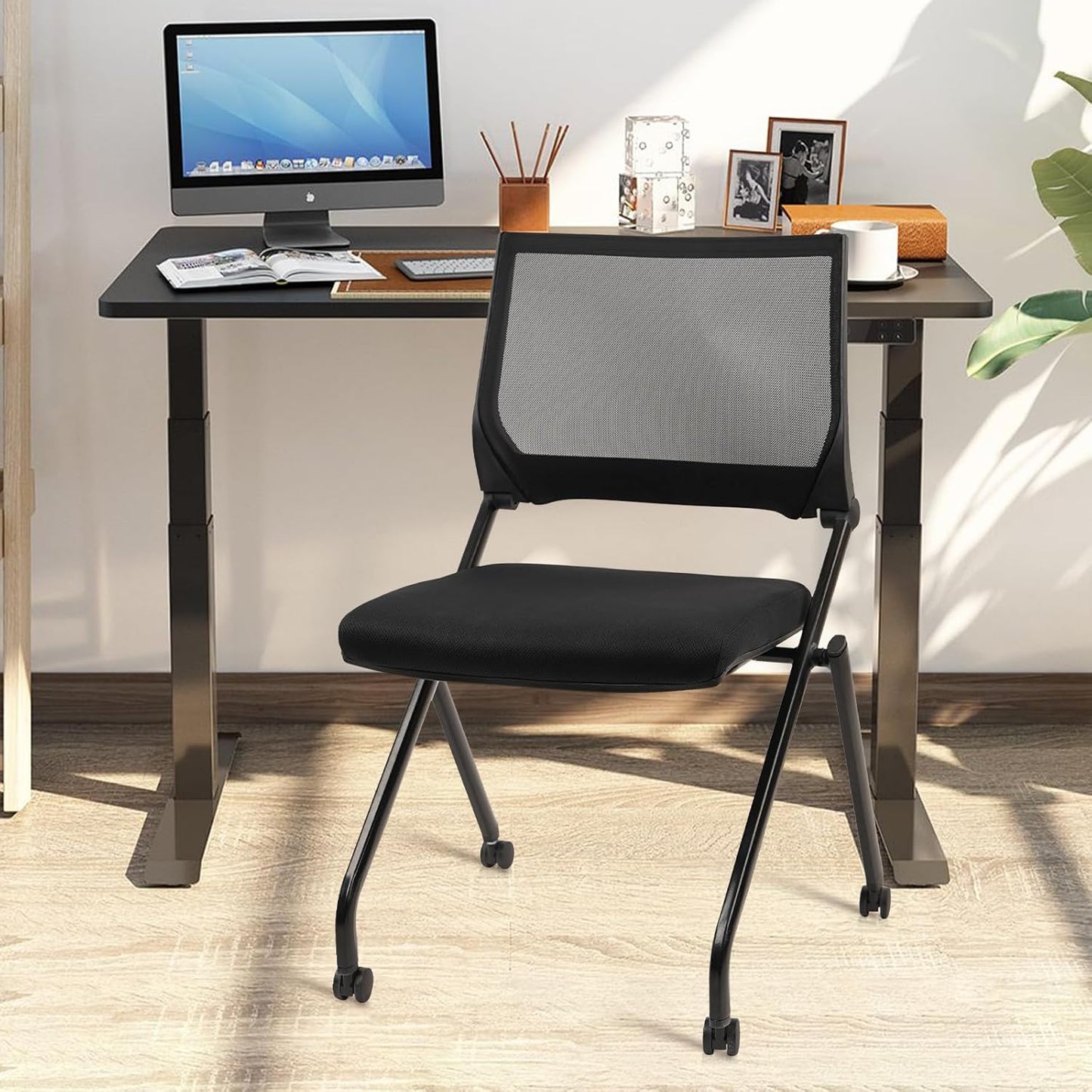 CLATINA Stackable & Foldable Conference Room Chairs, Waiting Room Chairs with Wheels & Lumbar Support, Ergonomic Mesh Bouncing Back Folding Chair for Office Meeting Schools Training Room, Black(8pk)