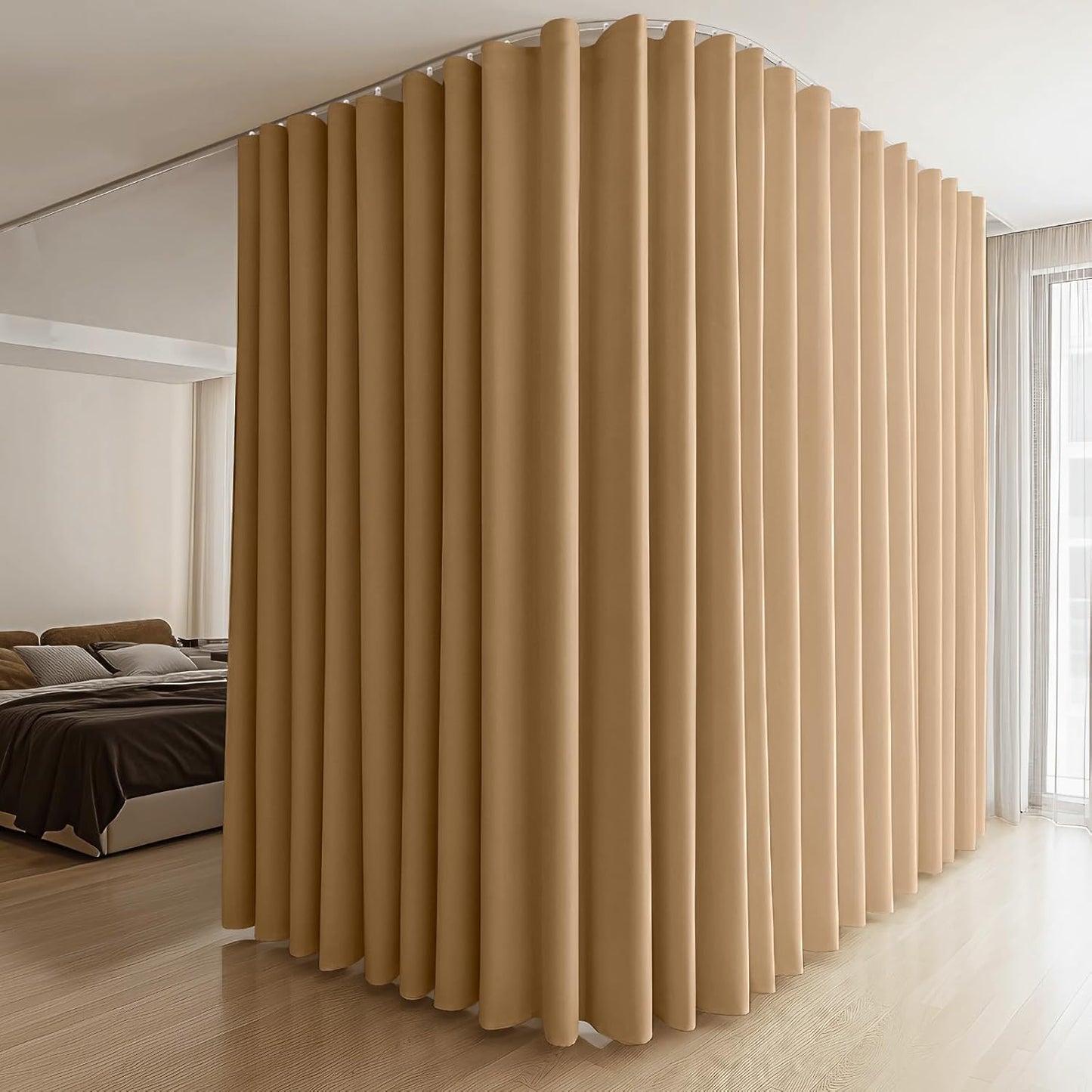 Room Divider Curtains & Flexible Bendable Tracks Set,Privacy Dividers Ceiling Track Curtain Window Blackout Curtains for Living Room Bedroom (W150 × H108 In 1 Panel Khaki Drape & White Rail)