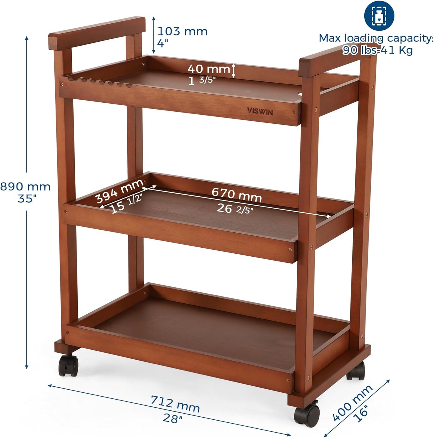 VISWIN Art Cart Organizer, Solid Beechwood Art Supply Storage Organizer with Caster Wheels, 3-Tier Multifunctional Rolling Utility Storage Cart for Studio, Classroom, Artists - Walnut