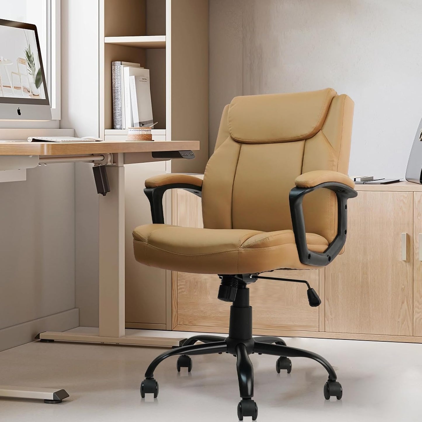 CLATINA Brown Office Computer Chair PU Leather Executive Swivel Adjustable Height Chairs with Upholstery Fixed armrest Mid-Back Leather Thick Cushion Office Chair Brown 4Pack