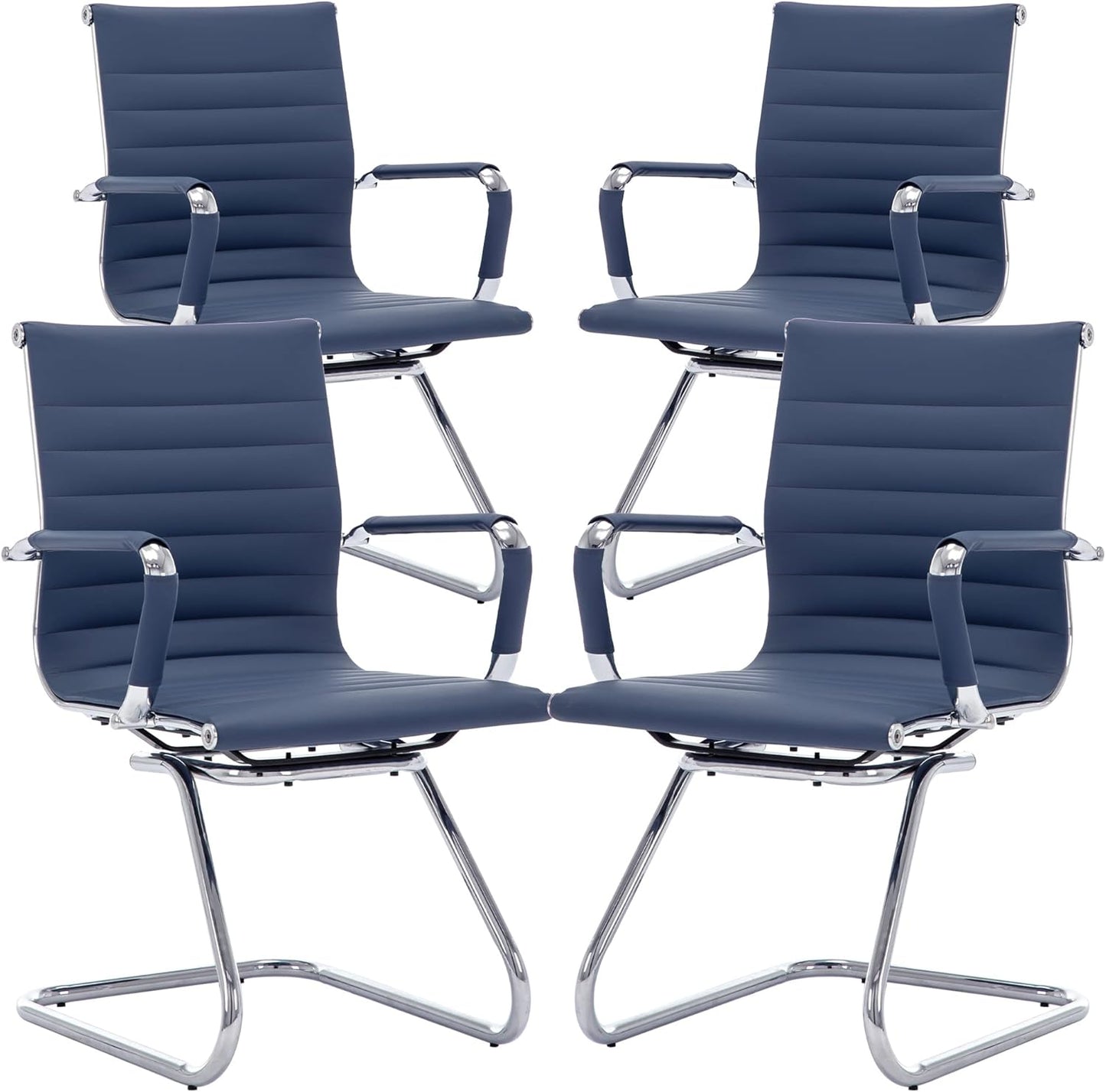 Office Desk Chair No Wheels Set of 4 PU Leather Computer Chairs Mid Back Guest Chairs for School Reception Conference Waiting Room, Navy Blue