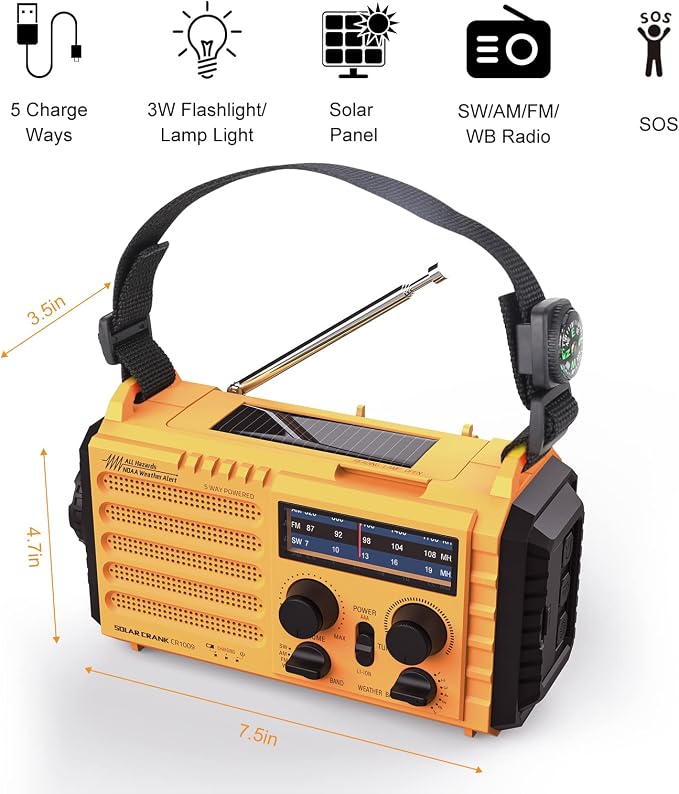 Raynic Weather Radio, 5000mAh/18500mWh NOAA Weather Radio, Solar Hand Crank - Image 6