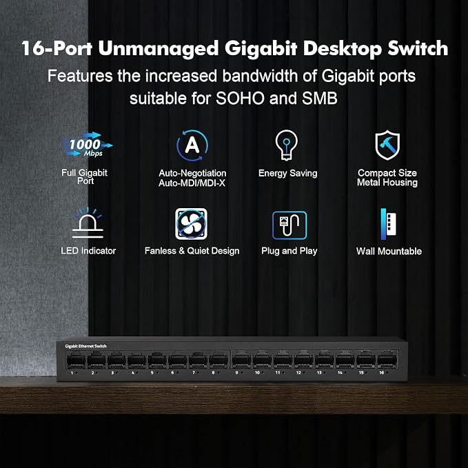 16 Port Gigabit Switch, 16 x 100/1000Mbps Ports, Metal Unmanaged Fanless Pluy - Image 2