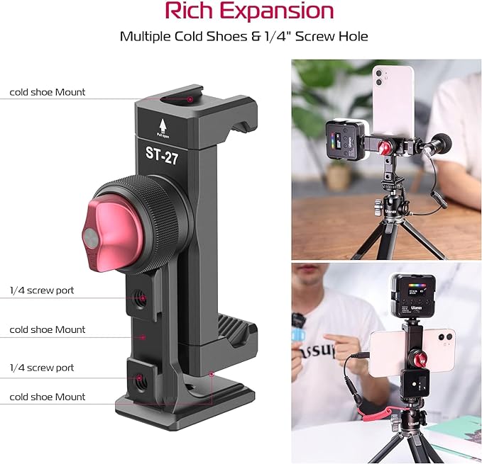 Metal Phone Tripod Mount 3 Cold Shoes & Arca Port, 360° Smartphone Tripod - Image 3