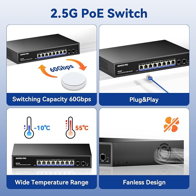 Upgrade 10 Port 2.5G PoE Switch, AUMOX PRO 8 Port 2.5G Network Unmanaged Switch - Image 5