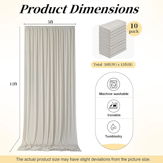 50ft x 12ft Wrinkle Free Beige Backdrop Curtains - Image 3