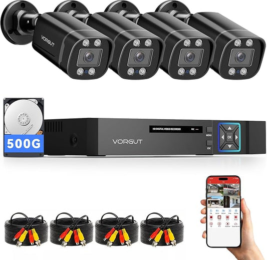 Wired Security Camera System Outdoor, 4CH AHD TVI 5MP Lite DVR Recorder by VORGUT