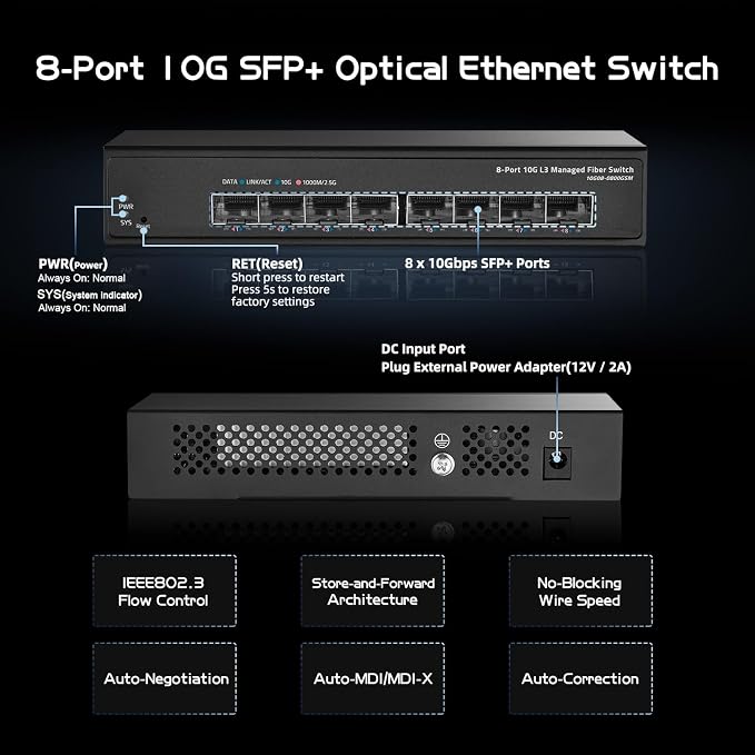 Binardat 8 Port 10 Gigabit SFP+ Managed Switch, Supports 1G/10G SFP+ Module - Image 4