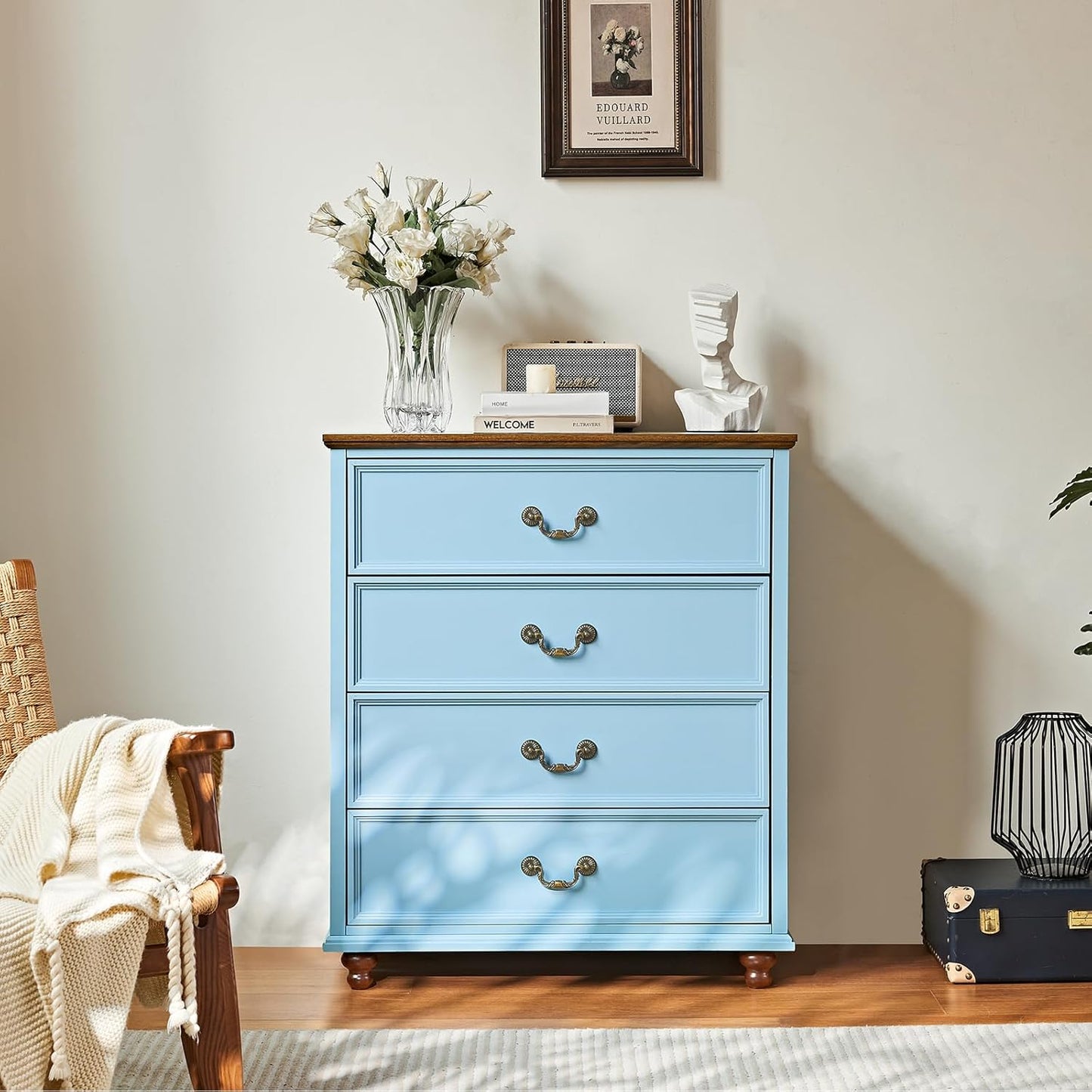 Farmhouse 4 Drawer Dresser for Bedroom, 37" Tall Rustic Chests of Drawers w/ 4 Solid Wood Feet, Mid Century Modern Wooden Closet Storage Dressers Organizer for Living Room, Hallway, LightBlue
