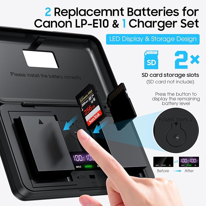 LP-E10 Battery 2-Pack 1600mAh and Digital Display Dual USB Charger - Image 3