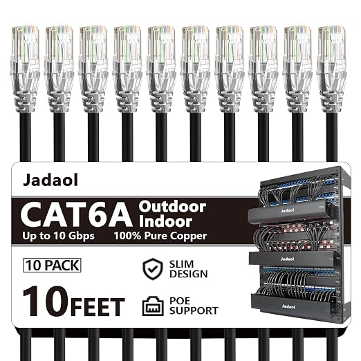 Jadaol Cat6a Ethernet Cable 10 ft 10 Pack, Slim 10G 550MHz 28AWG Patch Cable by Jadaol