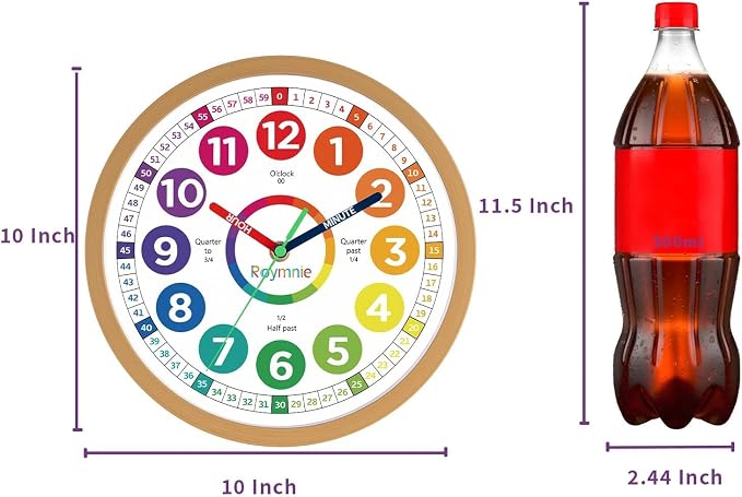Roymnie Wall Clock 10 Inch for Kids Learning Easily Kids Teaching Clock Analog - Image 2