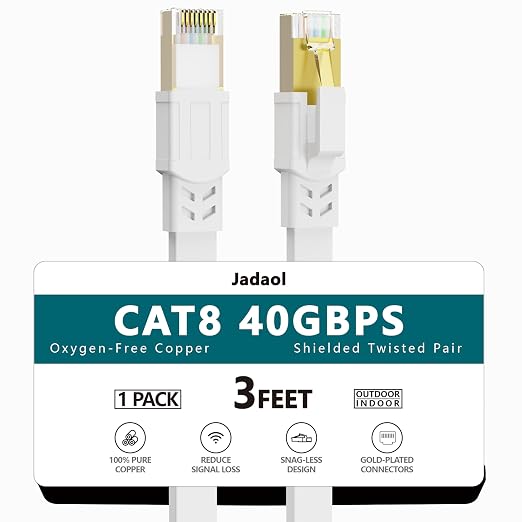 Jadaol Cat 8 Ethernet Cable 3 ft, 40Gbps 2000MHz Flat RJ45 S/FTP LAN Patch Cable by Jadaol