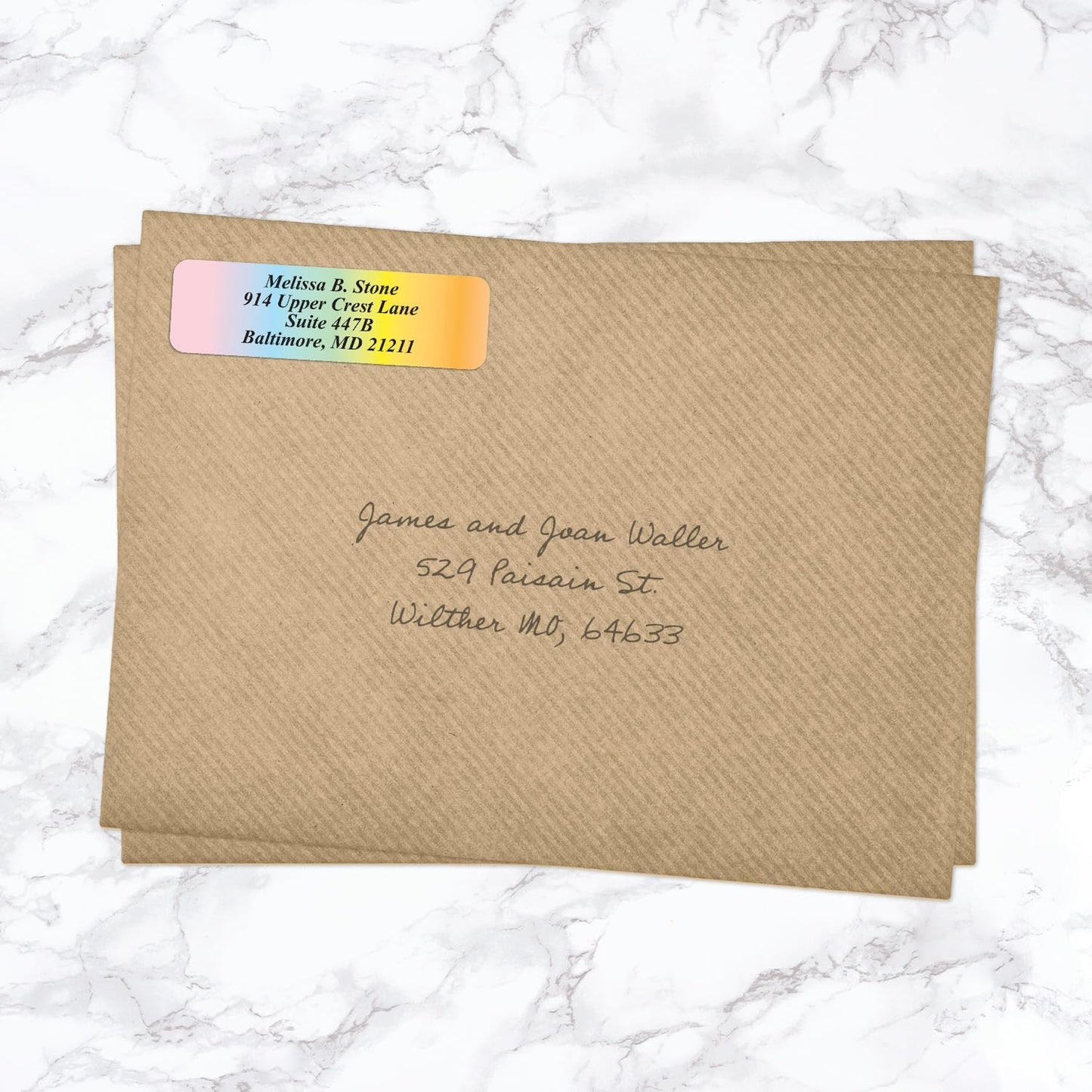 Cascading Rainbow Medley Personalized Return Address Labels with Elegant Plastic Dispenser - Roll of 500 Custom Stickers