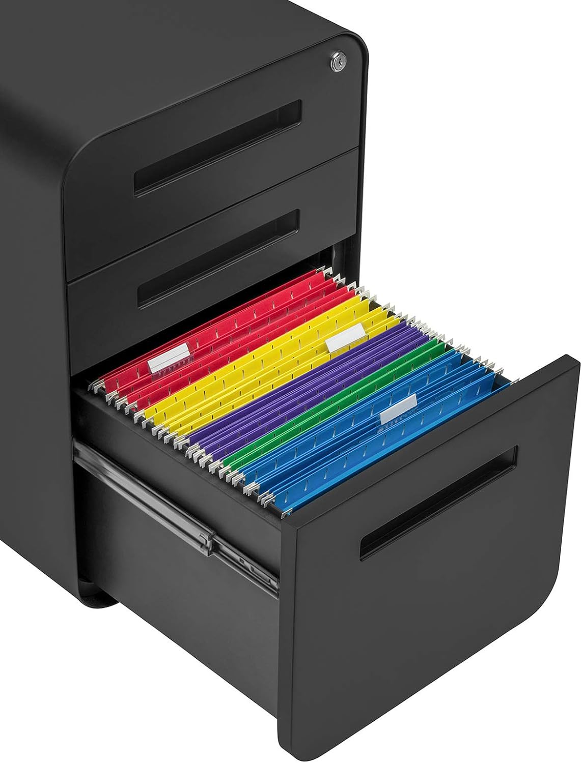Laura Davidson Furniture Stockpile 3 Drawer File Cabinet with Lock - Under Office Desk Metal Filing Cabinet, Legal/Letter File Folders, Wheels and Stationary Feet, Pre-Assembled, Black