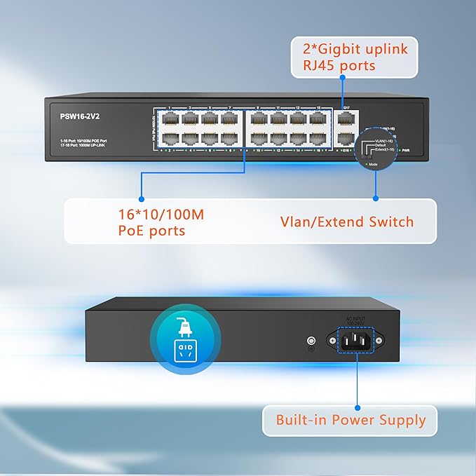 Real HD 16 Port PoE Switch, High Power 300W, 16 PoE+ 100Mbps Ports - Image 2