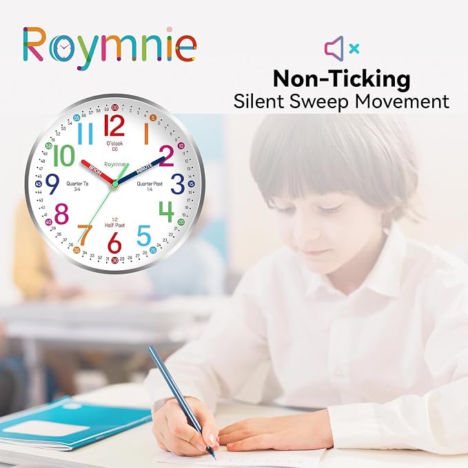 Roymnie Wall Clock for Kids Learning to Tell Time Easily Non Ticking Battery - Image 3