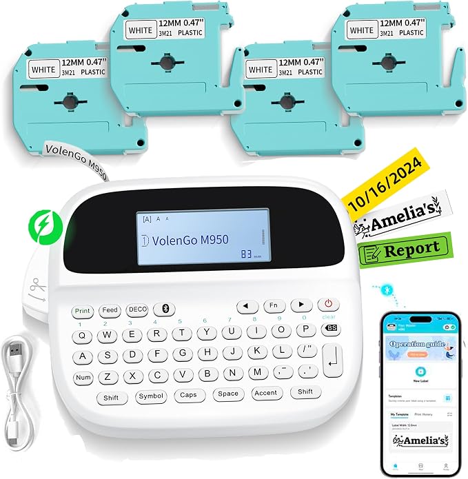 Label Maker Machine with 4 Tapes, Rechargeable Backlit Labeler by HOME