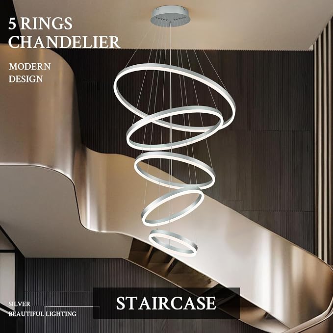 5-Rings D31.5in Modern LED Chandelier Silver Dimmable High Ceiling Chandeliers - Image 7