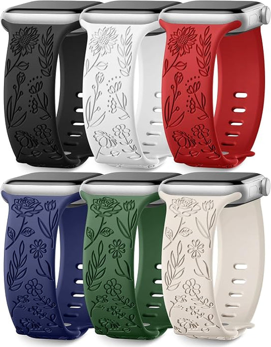 SNBLK 6 Pack Floral Engraved Bands Compatible by SNBLK