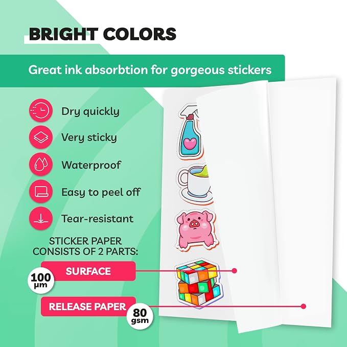 Sticker Paper for Inkjet Printer -, 8.5 x 11" Letter Size, Glossy White Vinyl - Image 2