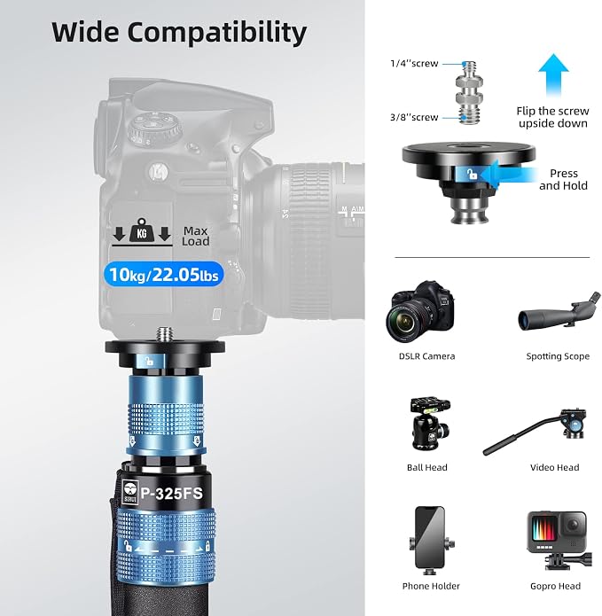 SIRUI P-325FS Monopod with Feet, Max Load 22lbs, 360° Panorama, Quick Release - Image 7