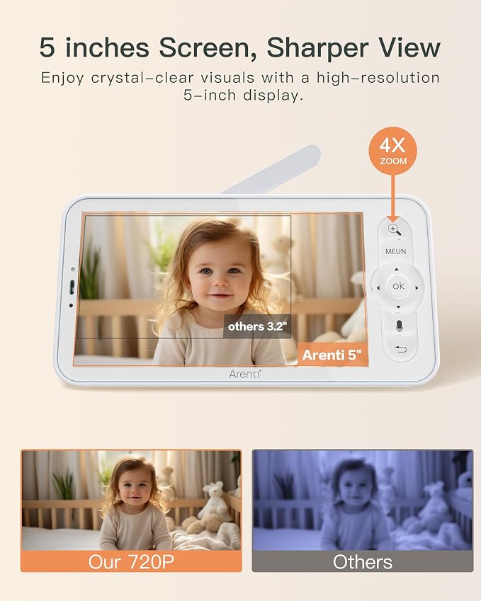 ARENTI WiFi Baby Camera Monitor, 5-inch Screen, Smartphone App, Motion Tracking - Image 3