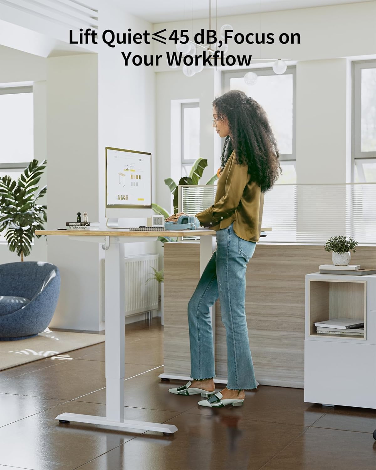 FEZIBO One-Piece Standing Desk Adjustable Height Stand up Home Office Desk, 55x24 Inch Electric Standing Computer Desk, with 4 Memory Presets, Fixable casters, Light Rustic