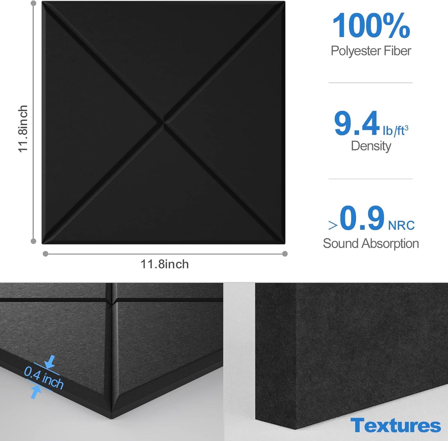 Sonicism 12 Pack X-Lined Acoustic Panels with Self-Adhesive, 12"X 12"X 0.4" Sound Proof Foam Panels, Decorative Soundproof Wall Panels, Sound Absorbing Tile for Home & Offices, Black