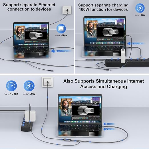 USB C to Ethernet Cable with Charging 6.6 Feet, USB-C Male 100W PD & Gigabit - Image 4