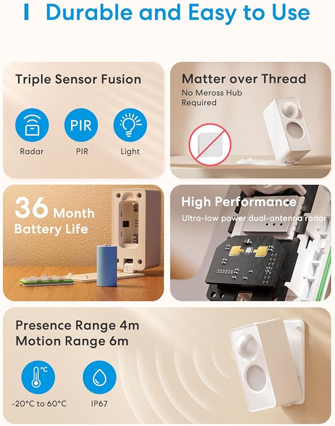 meross Matter Presence Sensor MS605, Battery-Powered 4-in-1 Smart Motion Sensor - Image 2