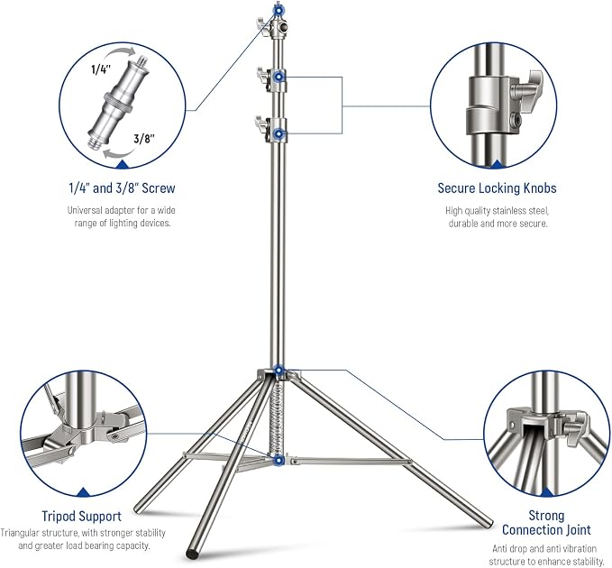 NEEWER 7.2ft/2.2m Stainless Steel Light Stand, Spring Cushioned Heavy Duty - Image 8