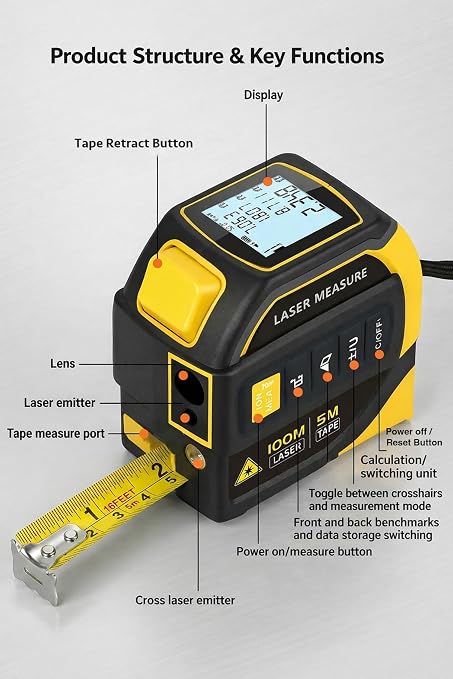 4-in-1 Digital Laser Tape Measure, 16FT Tape, 328FT Distance Meter | 33FT - Image 8