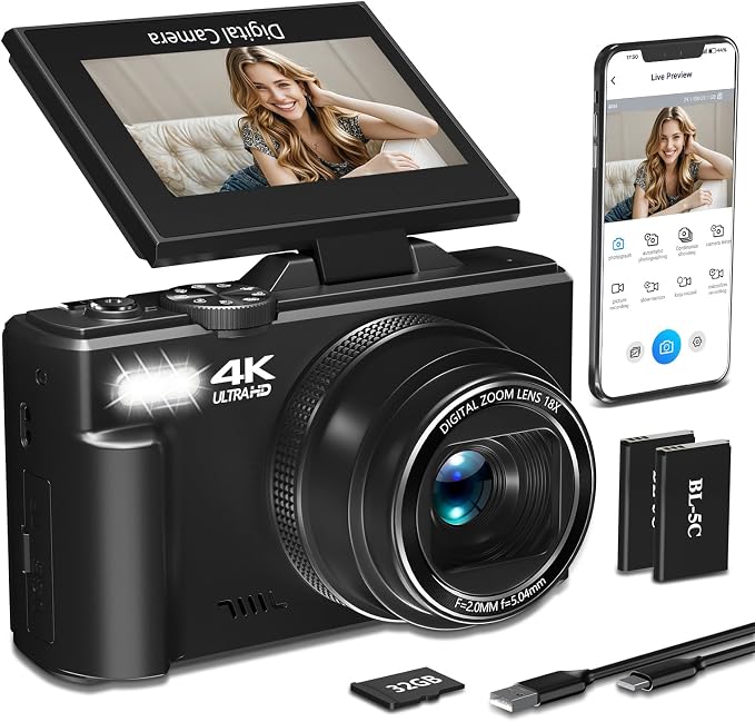 4K Digital Camera for Photography, 64MP HD WiFi Vlogging Camera for YouTube by NIKICAM