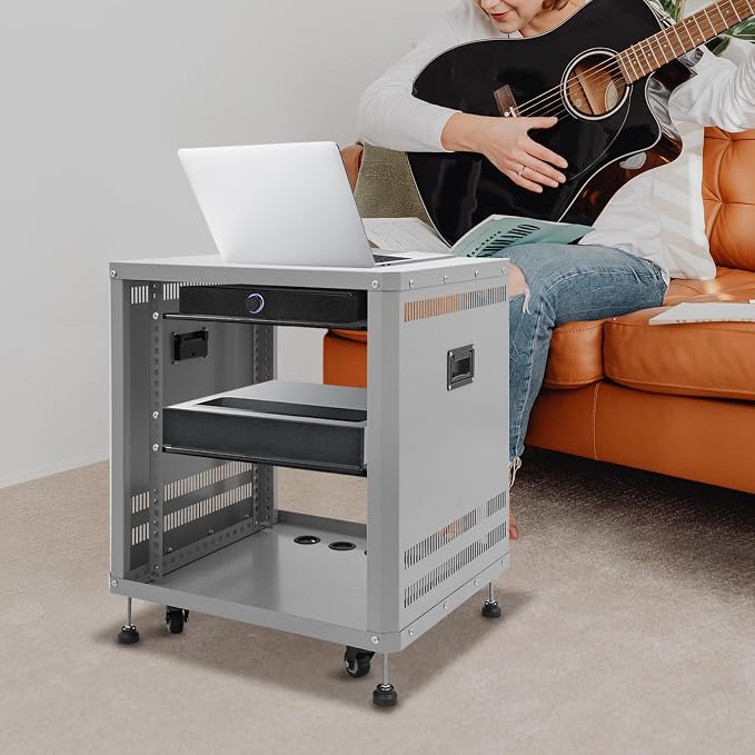 12U Home Audio & Video Stage Stereo Equipment Storage Cabinet Stand On Wheels - Image 8