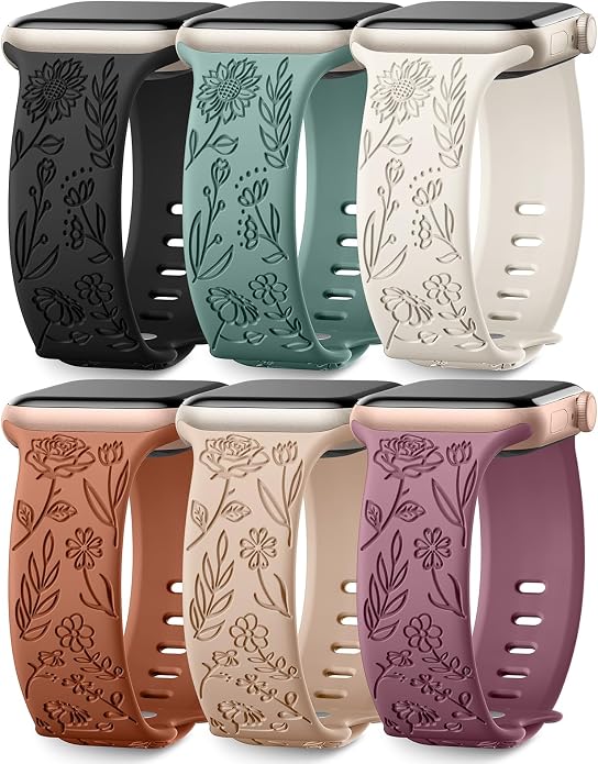 SNBLK 6 Pack Floral Engraved Bands Compatible by SNBLK
