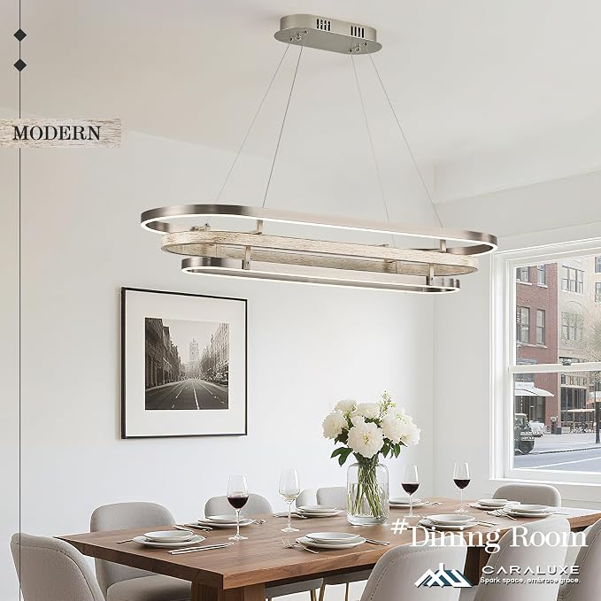 3 Ring LED Chandelier Nickel Rectangular Chandeliers 39in Wood Printed Oval - Image 2