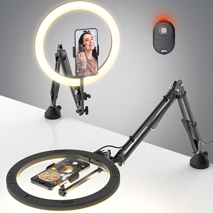 Upgrade Ring Light Overhead Phone Mount, 12”Circle LED Desk Ring Light by CACENCAN