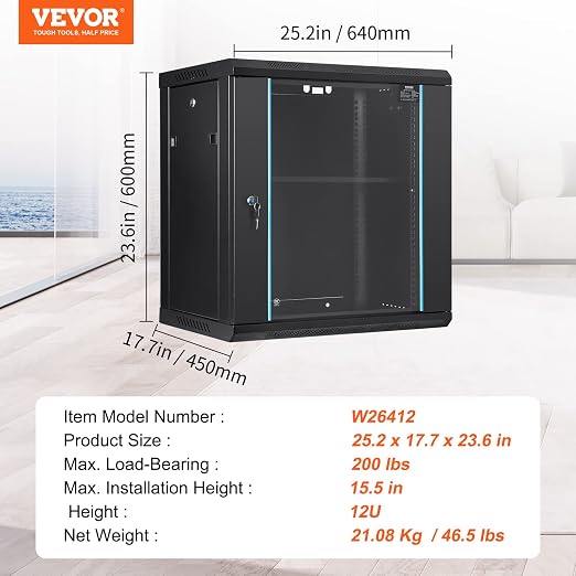 VEVOR 12U Wall Mount Network Cabinet, 15.5'' Deep Server Rack Cabinet Enclosure - Image 7