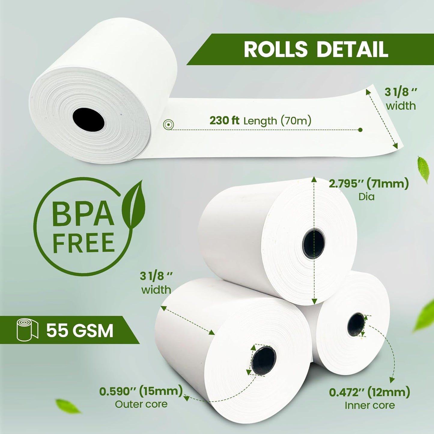 3 1/8 x 230ft Thermal Paper Receipt Rolls (50 PACK) 55 GSM - Compatible with ALL POS Systems, Cash Registers - BPA Free, Premium Quality Receipt Paper Rolls