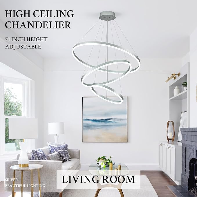 3-Rings Modern LED Chandelier Silver, Dimmable Pendant Lighting - Image 8