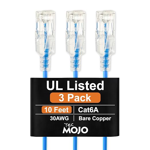 Tecmojo UL Listed Ultra-Slim Cat6a 10ft Ethernet Patch Cable, 30AWG 100% Pure by Tecmojo