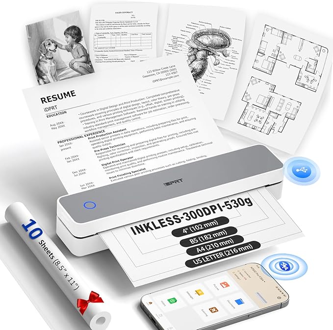 Inkless Portable Printer for Travel, Wireless Thermal Printer Supports 8.5 x by iDPRT