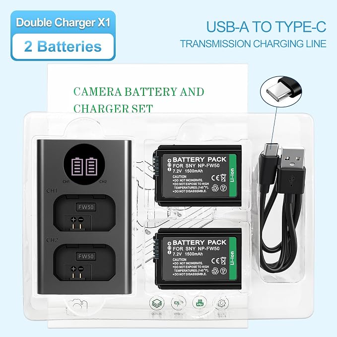 2-Pack NP-FW50 1500mAh Rechargeable Battery, - Image 9