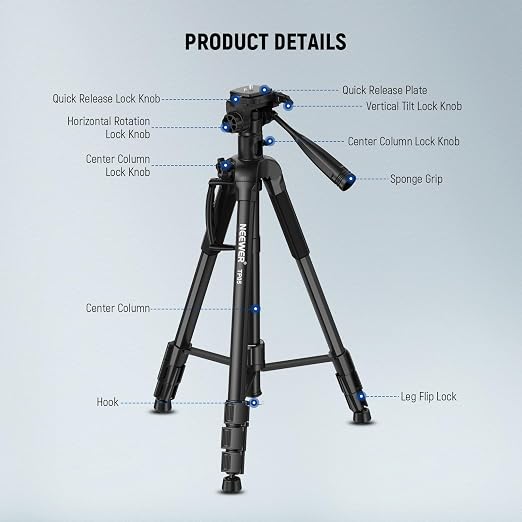 NEEWER Basics TP05 74" Video Tripod Monopod, 3 Way Pan Tilt Head Phone Holder - Image 7