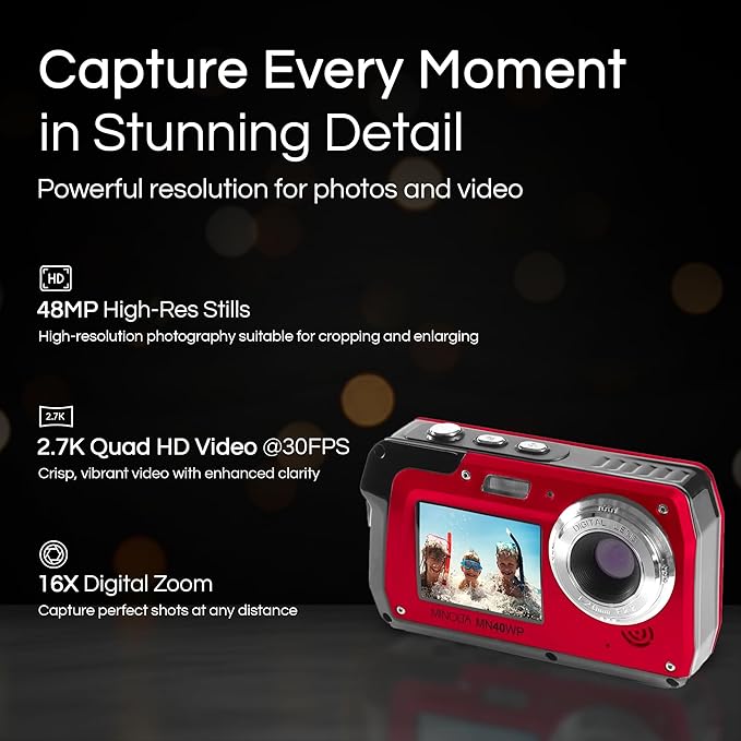 Minolta MN40WP 48MP Waterproof Digital Camera – Dual LCD Screens, 2.7K QHD Video - Image 2